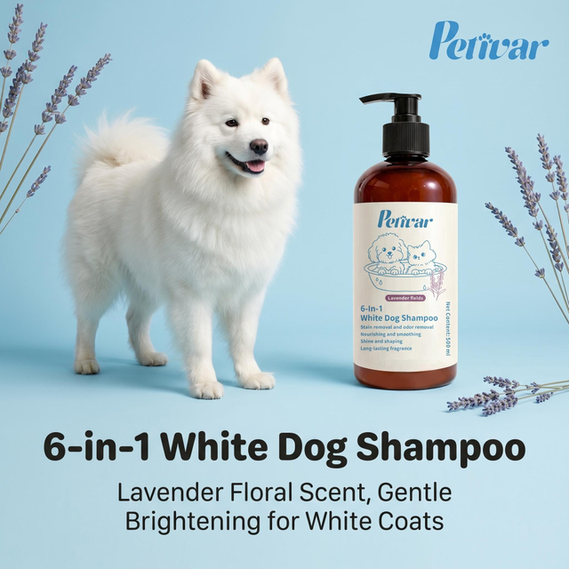 Champú profesional para perros de bata blanca para eliminar las manchas amarillas y mejorar el brillo